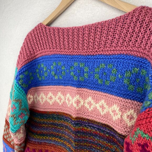 HAND KNIT Sweater Womens M Nordic Striped Jacquard Chunky Jumper Boxy Pink Blue - Picture 2 of 14